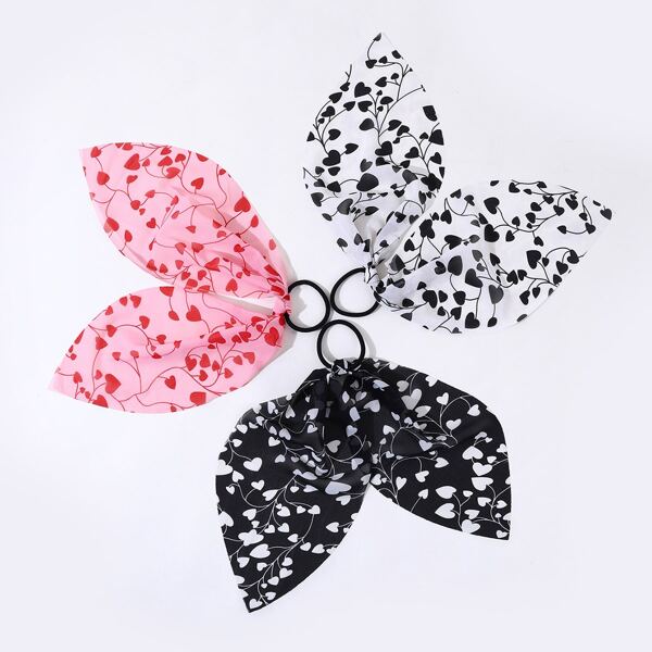 

3pcs Heart Print Scarf Hair Tie, Multicolor