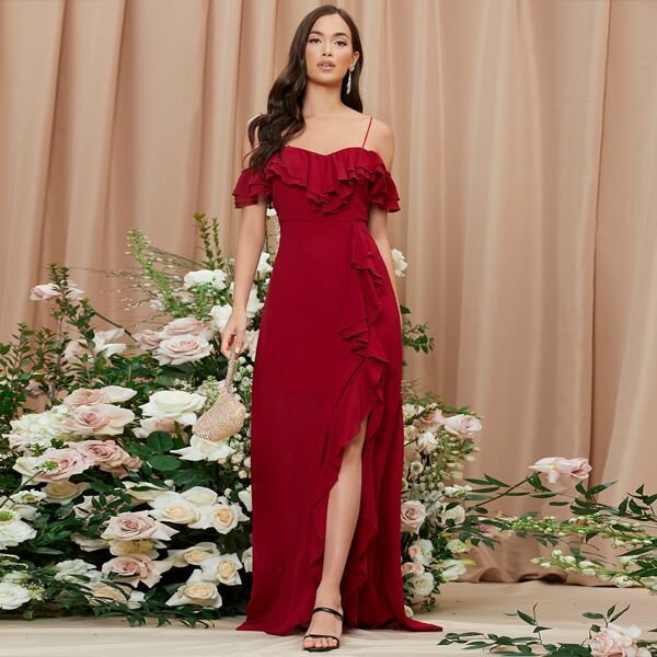 

Cold Shoulder Ruffle Detail Split Thigh Chiffon Dress, Burgundy