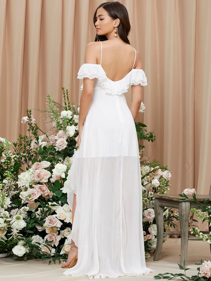 Our Cold Shoulder Ruffle Detail Split Thigh Chiffon Dress is such a vibe -  ROMWE