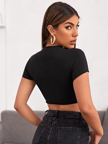 SHEIN ICON Tiger & Letter Print O-ring Front Crop Tee - Black - View 2