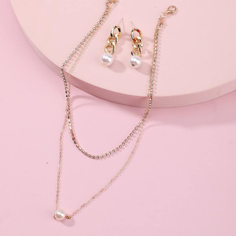 

1pc Rhinestone Layered Necklace & 1pair Faux Pearl Earring, Gold