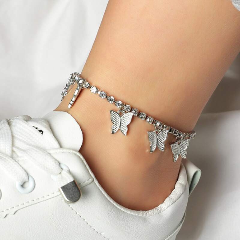 

Butterfly & Rhinestone Decor Anklet, Silver