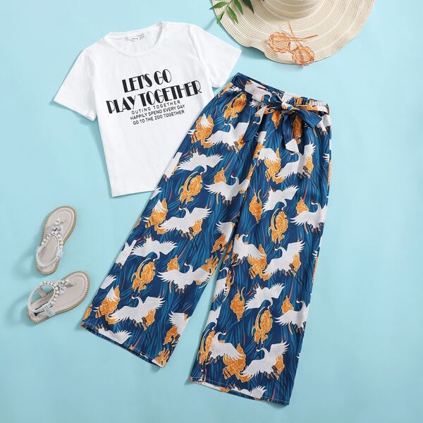 

Girls Slogan Graphic Tee & Belted Crane Print Pants Set, Multicolor