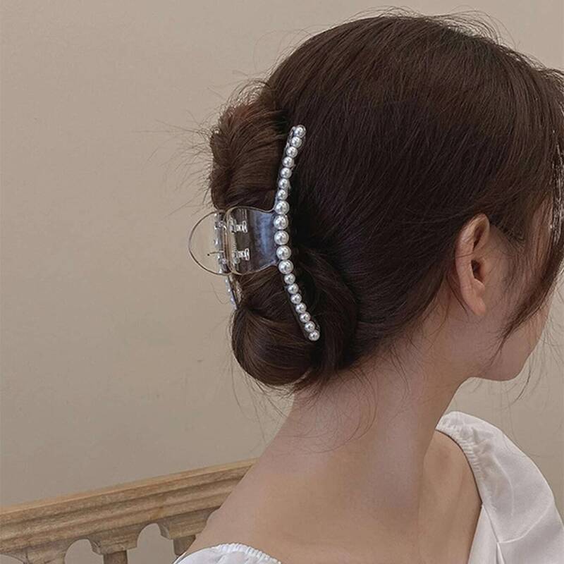 

1pc Faux Pearl Hair Claw, Beige