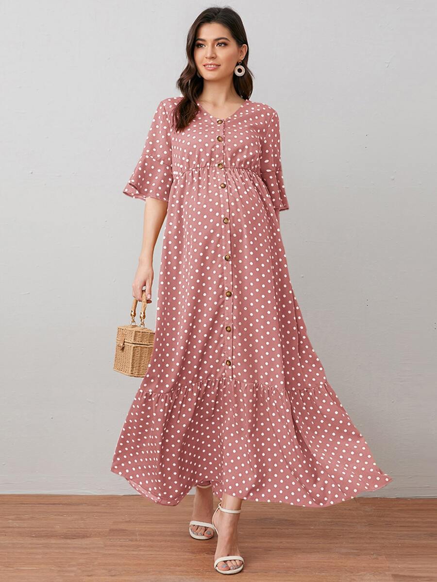 SHEIN Maternity Buttoned Front Ruffle Cuff Polka Dot Dress