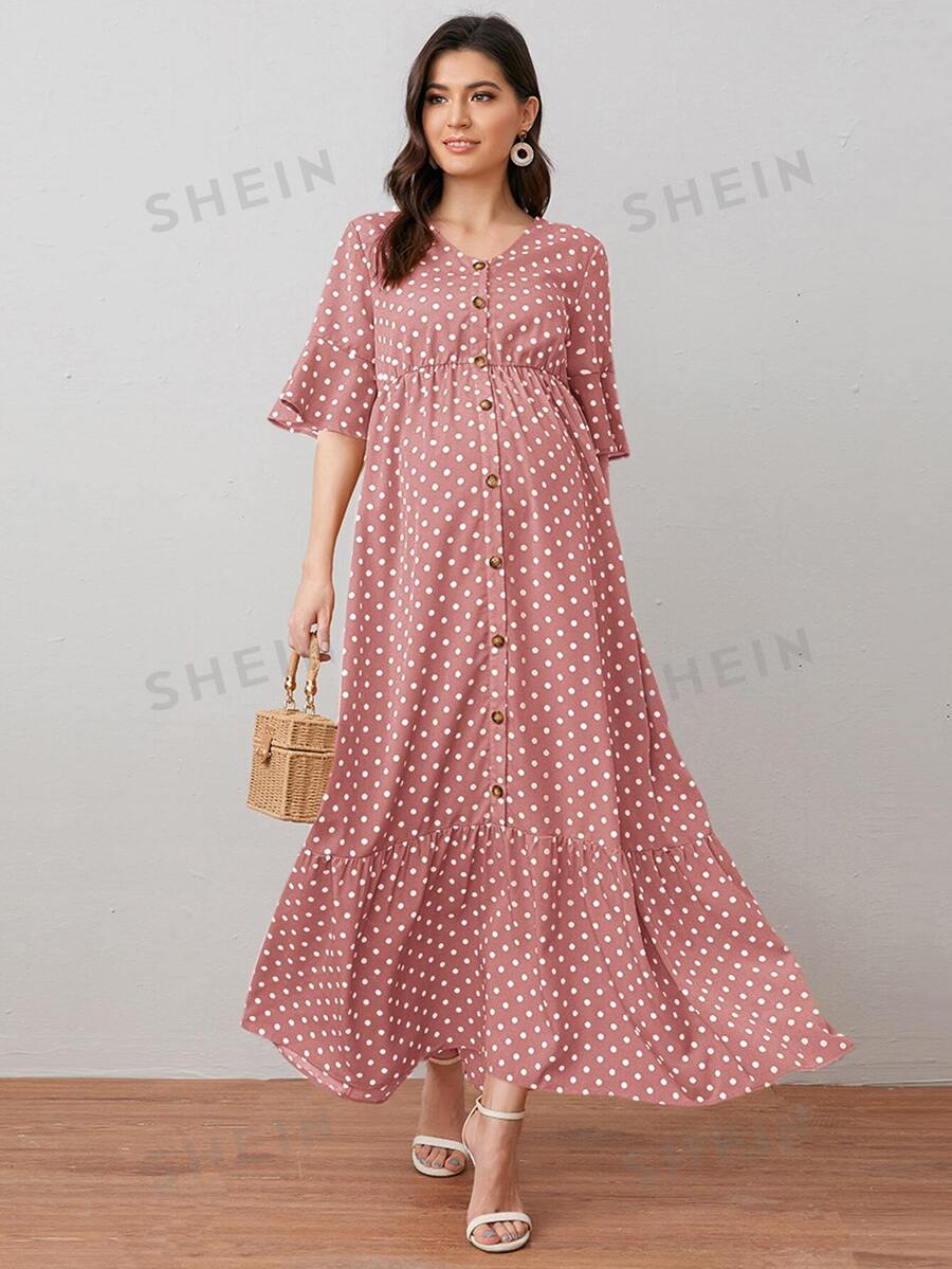 SHEIN Rochie cu buline cu manșetă cu volan în față cu nasturi de maternitate - Roz praf - Vizualizare 1