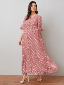SHEIN Maternity Buttoned Front Ruffle Cuff Polka Dot Dress