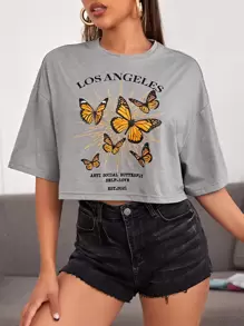 SHEIN EZwear 落肩蝴蝶和字母圖案T恤 - 灰色 - 查看 1