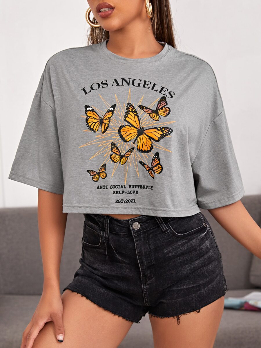 SHEIN EZwear 落肩蝴蝶和字母圖案T恤 - 灰色 - 查看 1