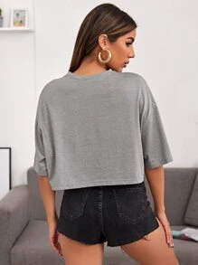 SHEIN EZwear 落肩蝴蝶和字母圖案T恤 - 灰色 - 查看 2