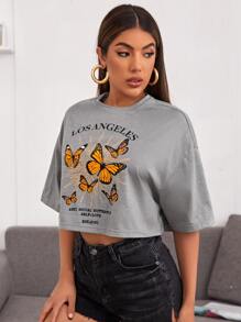 SHEIN EZwear 落肩蝴蝶和字母圖案T恤 - 灰色 - 查看 3