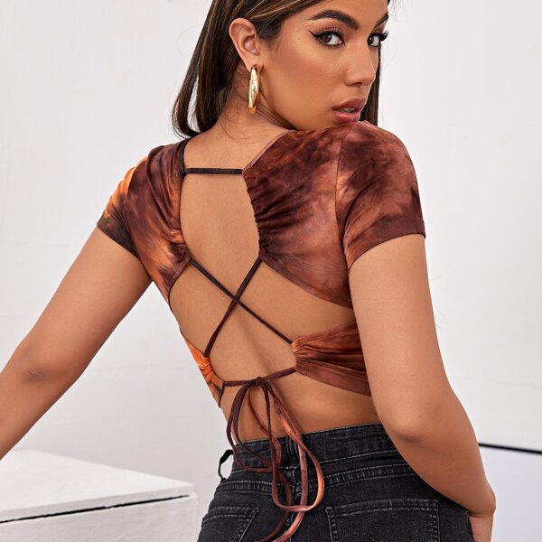 

Lace Up Backless Tie Dye Crop Top, Multicolor