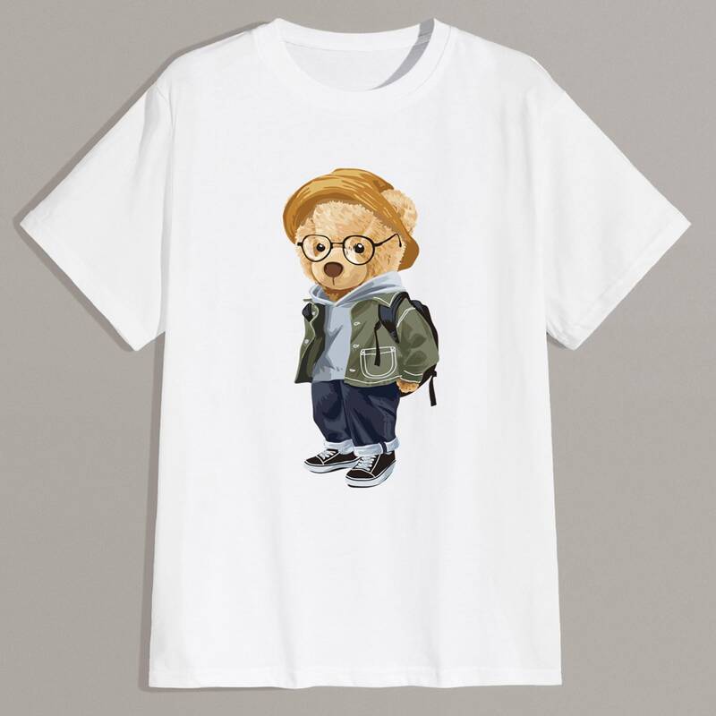 Guys Cartoon Bear Graphic Tee, White