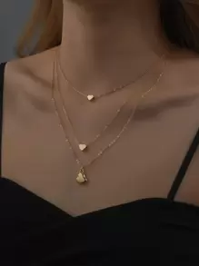 心形吊墜多層項鍊 - 金黃色 - 查看 1