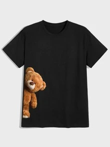 ROMWE MEN Hombres Camiseta algodón con estampado de oso de dibujos animados - Negro - Ver 1