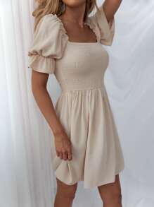 Shirred Bodice Solid Dress - Beige - View 1