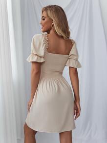 Shirred Bodice Solid Dress - Beige - View 2