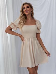 Shirred Bodice Solid Dress - Beige - View 3