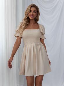 Shirred Bodice Solid Dress - Beige - View 5