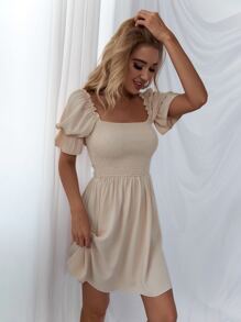 Shirred Bodice Solid Dress - Beige - View 6