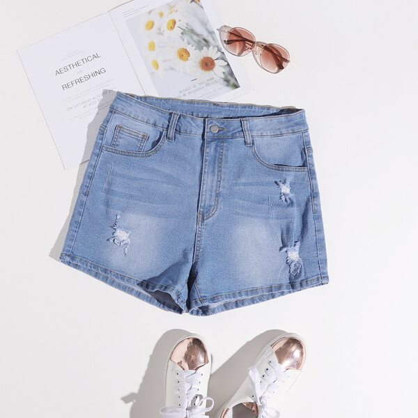 

Plus Ripped Washed Denim Shorts, Medium wash