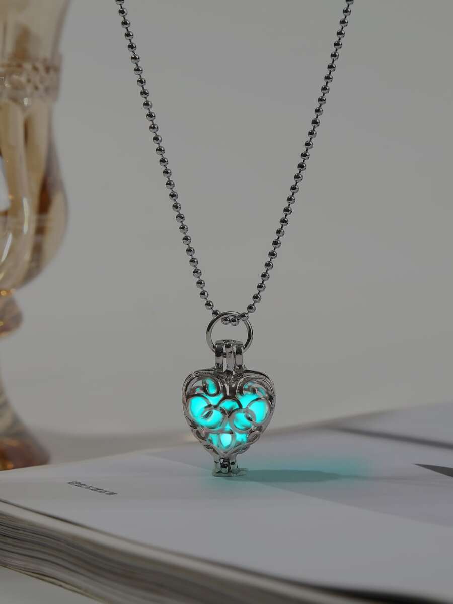夜光心形吊墜項鍊 - 淺藍色 - 查看 1