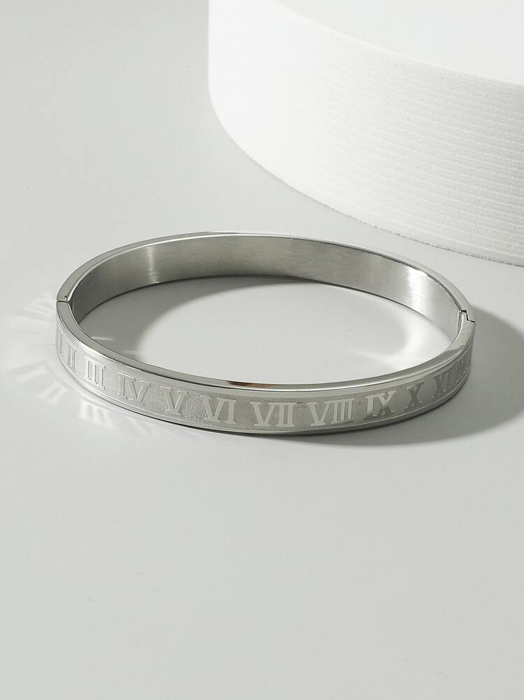 Fashionable and Popular Men Roman Numerals Detail Bangle Stainless Steel for Jewelry Gift and for a Stylish Look - Silver - View 3