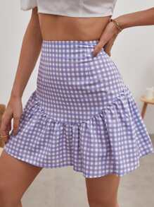 Ruffle Hem Gingham Skirt - Lilac Purple - View 1