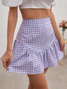 Ruffle Hem Gingham Skirt - Lilac Purple - View 4