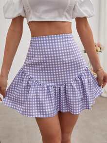 Ruffle Hem Gingham Skirt - Lilac Purple - View 5