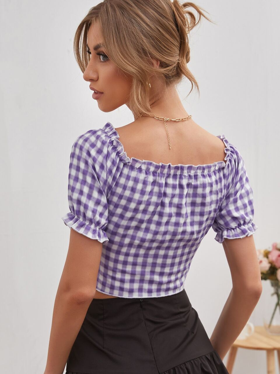 Tie Front Frill Trim Gingham Top