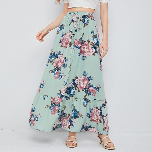 

Floral Print Flounce Hem Skirt, Multicolor