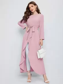 Mulvari Self Belted Split Hem Longline Top - Baby Pink - View 2