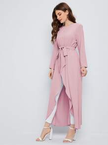 Mulvari Self Belted Split Hem Longline Top - Baby Pink - View 4