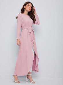 Mulvari Self Belted Split Hem Longline Top - Baby Pink - View 6