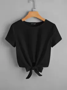 SHEIN Essnce Solid Knot Hem Tee - Black - View 1