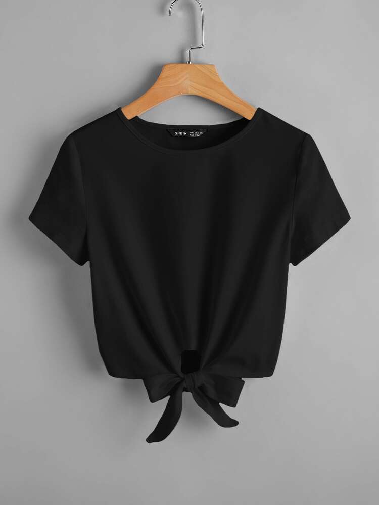 SHEIN Essnce Solid Knot Hem Tee - Black - View 1