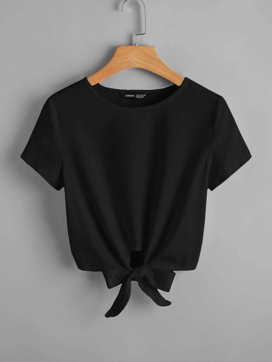 SHEIN Essnce Solid Knot Hem Tee - Black - View 1