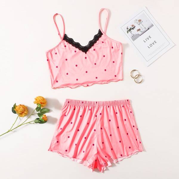 

Plus Polka Dot Contrast Lace Pajama Set, Baby pink