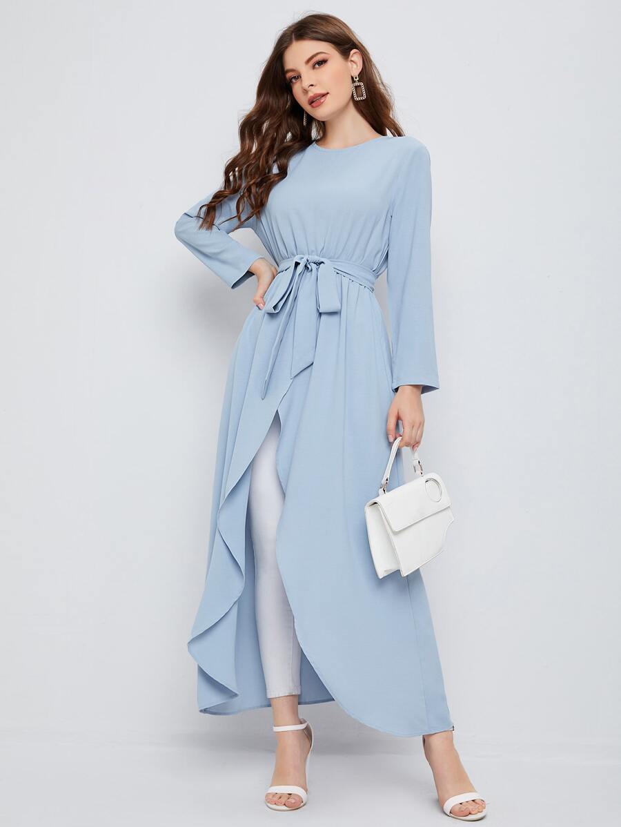 Mulvari Self Belted Split Hem Longline Top - Baby Blue - View 1