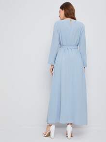 Mulvari Self Belted Split Hem Longline Top - Baby Blue - View 2