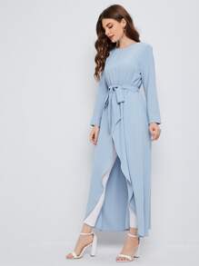 Mulvari Self Belted Split Hem Longline Top - Baby Blue - View 3