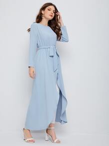 Mulvari Self Belted Split Hem Longline Top - Baby Blue - View 4