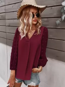 SHEIN LUNE Blus Plain Boho - Merah tua - View 5
