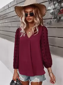 SHEIN LUNE Blus Plain Boho - Merah tua - View 6