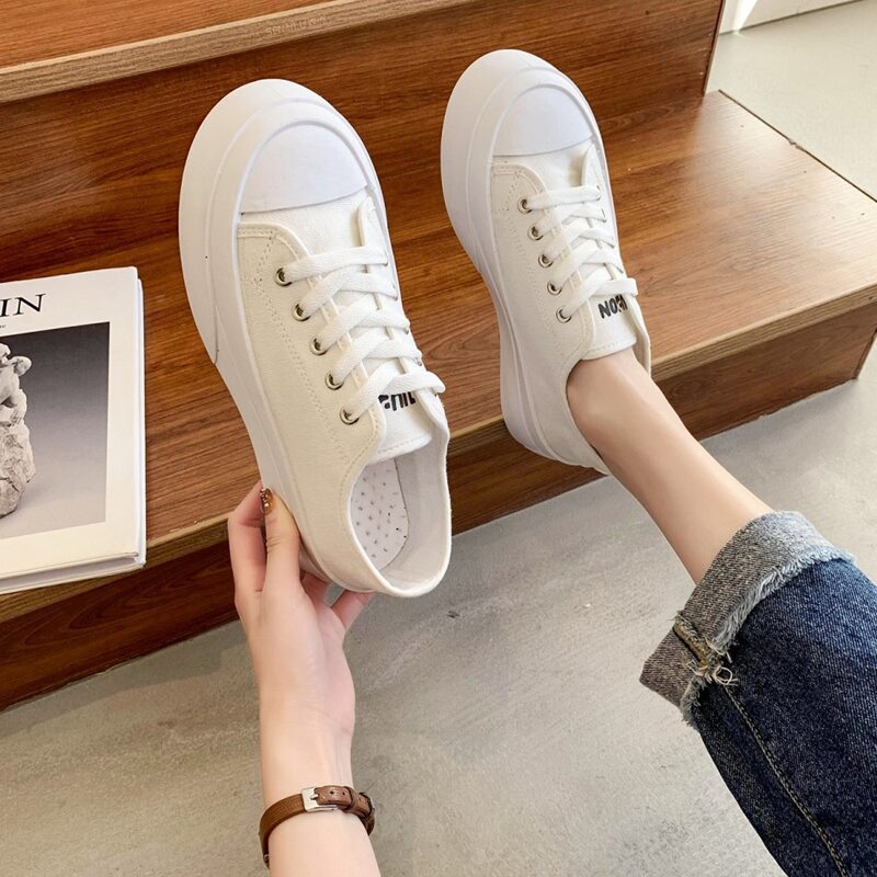 

Solid Lace-up Canvas Sneakers, White