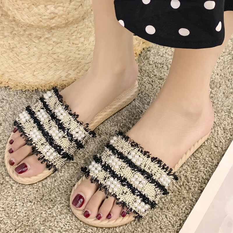 

Faux Pearl Striped Slide Sandals, Black and white