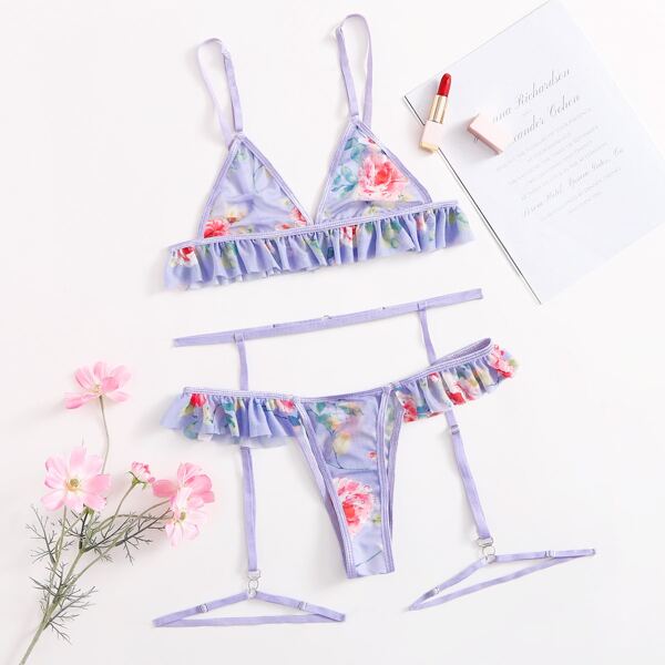 

Floral Print Ruffle Trim Garter Lingerie Set, Lilac purple