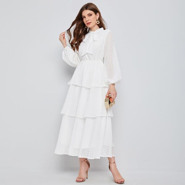 

Tie Neck Bishop Sleeve Layered Dress, White