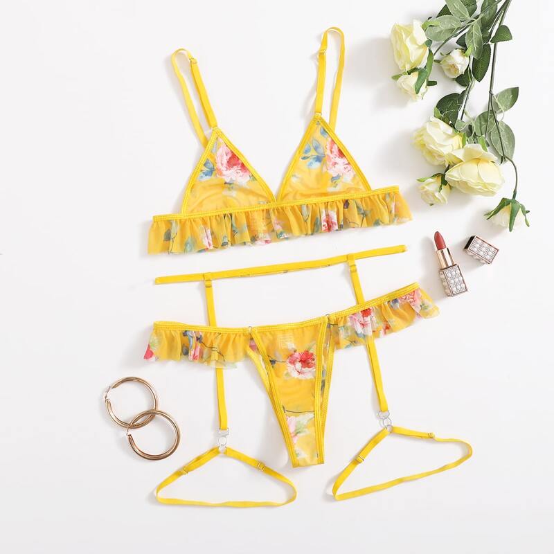 

Floral Print Ruffle Trim Garter Lingerie Set, Yellow